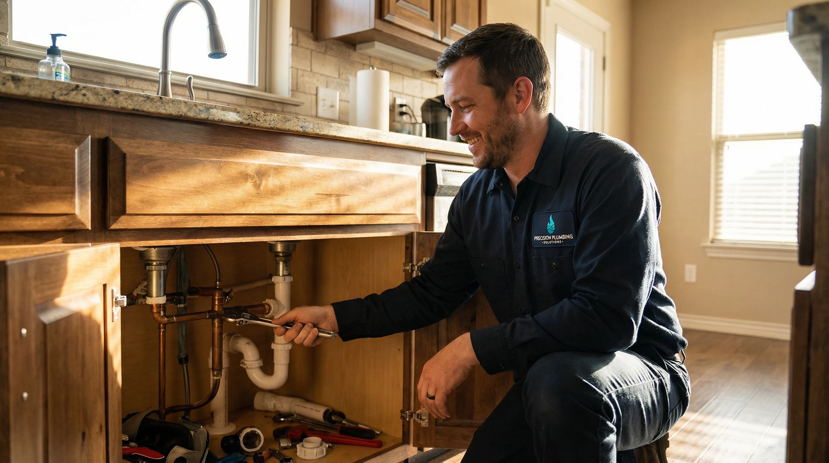 Precision Plumbing Solutions licensed plumber working on a residential kitchen plumbing repair in Oklahoma City